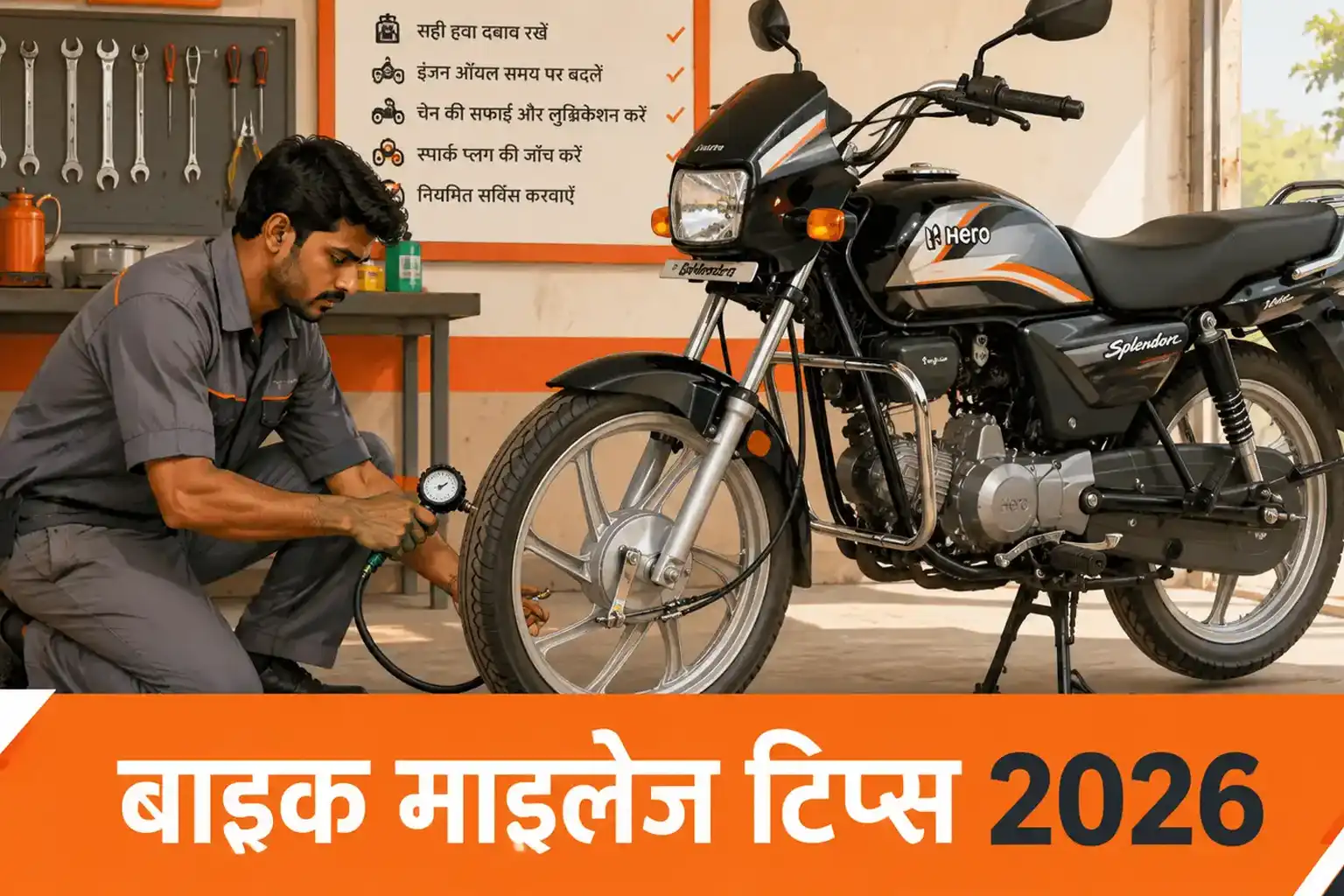 Indian mechanic roadside workshop me Hero Splendor bike ka tyre pressure check kar raha hai, background me tools aur natural daylight setup