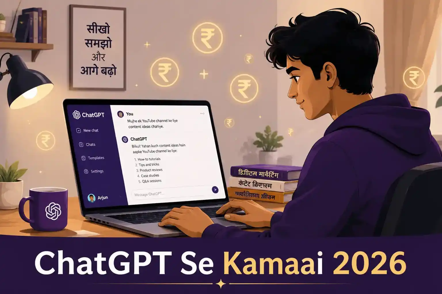 ChatGPT use karte hue ek young Indian person laptop par kaam kar raha hai, background me rupee symbols aur clean home workspace dikh raha hai