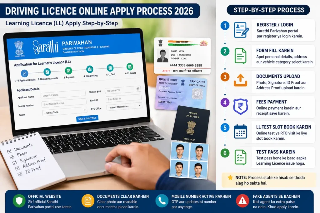 Driving licence online apply step by step process 2026