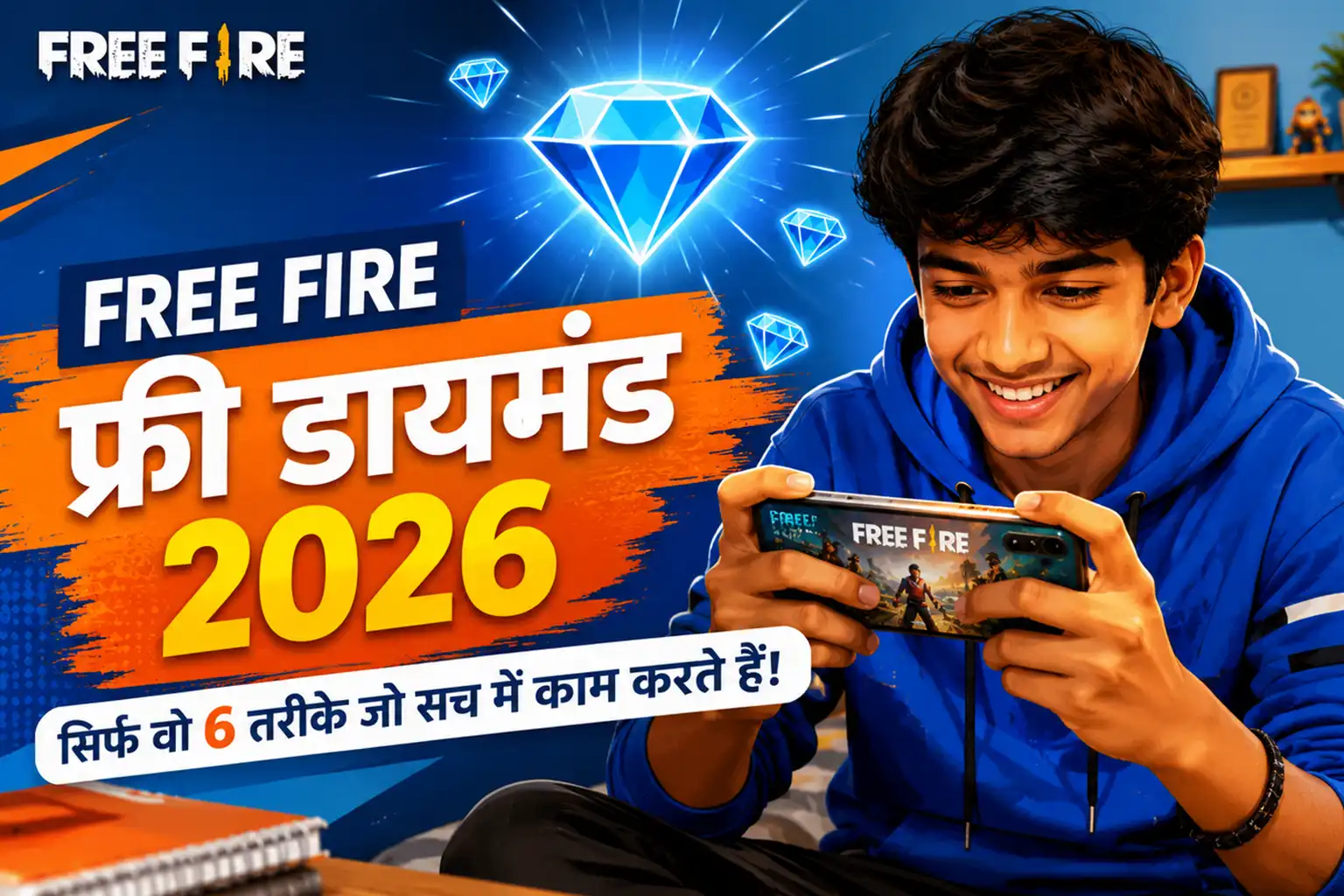 Indian teenager smartphone par Free Fire game khel raha hai aur screen par diamond icon dikh raha hai