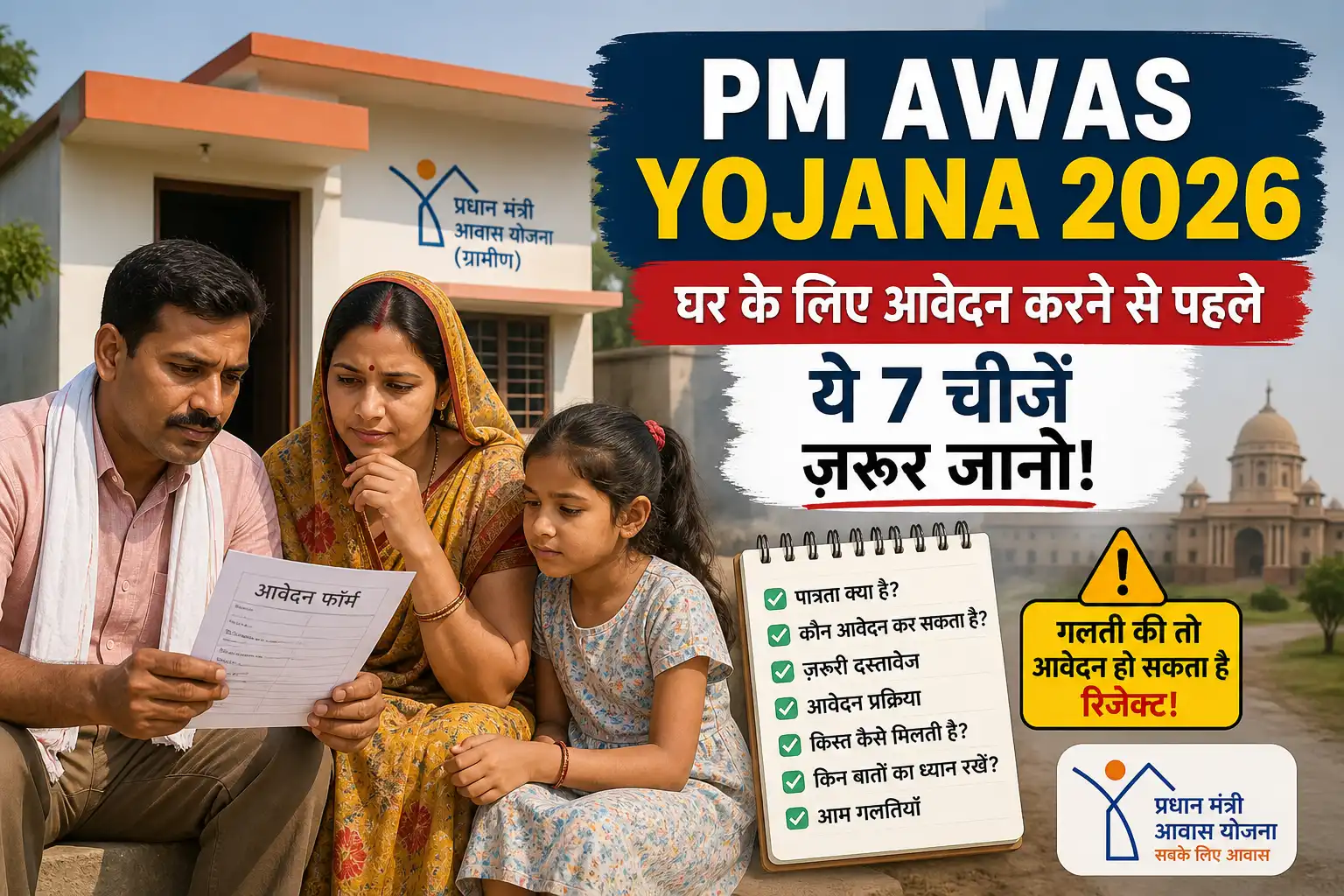 PM Awas Yojana 2026 ke liye apply karne se pehle zaroori cheezein check karte hue ek Indian family ghar ke saamne
