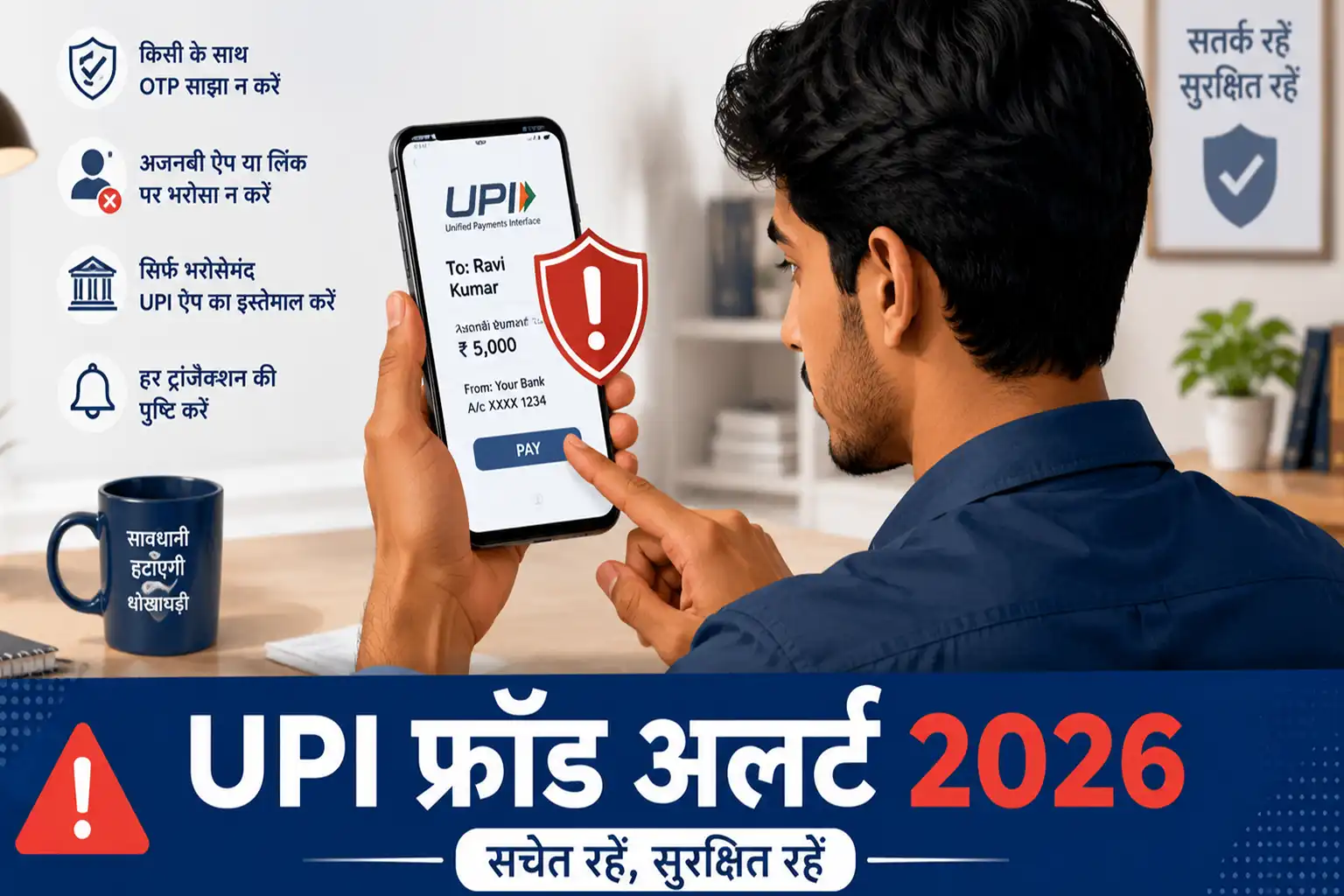 Indian person smartphone par UPI payment screen dekh raha hai aur fraud warning shield symbol dikh raha hai