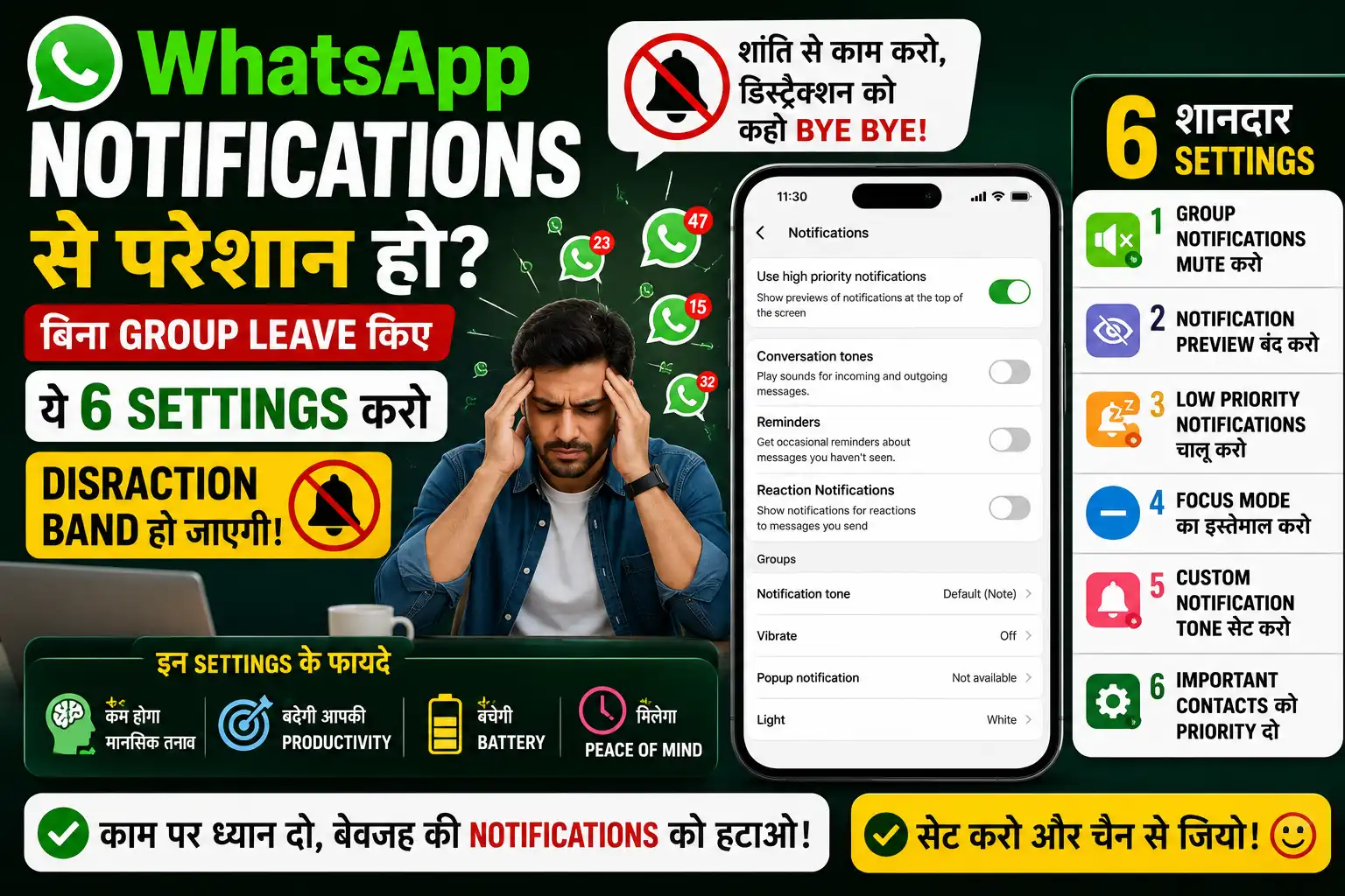 WhatsApp notification settings aur distraction control dikhata featured image